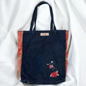 2000s Y2K Cute floral denim tote bag with embroidered flower patch on front